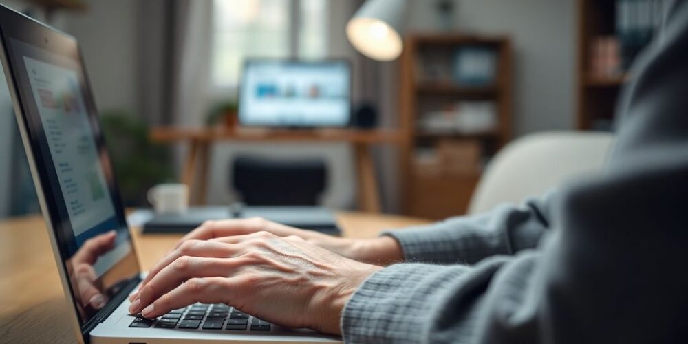 Elderly person using a laptop for banking.