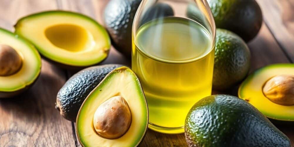 Avocado oil bottle with fresh avocados
