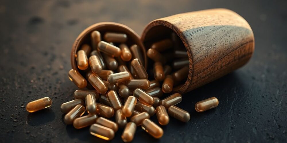 Nattokinase capsules spilling from a rustic wooden bowl.