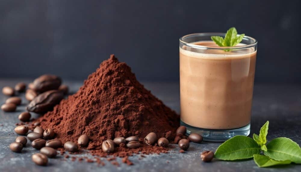 A rich, dark mound of raw cacao powder next to whole cacao beans and a healthy smoothie