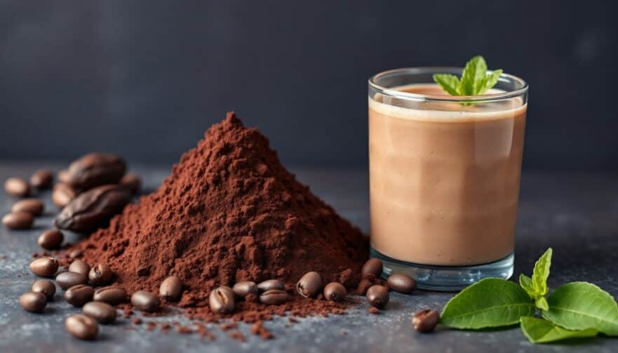 A rich, dark mound of raw cacao powder next to whole cacao beans and a healthy smoothie
