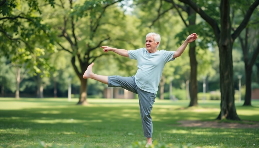 An older person gracefully balancing on one leg in a park, demonstrating good stability and health.