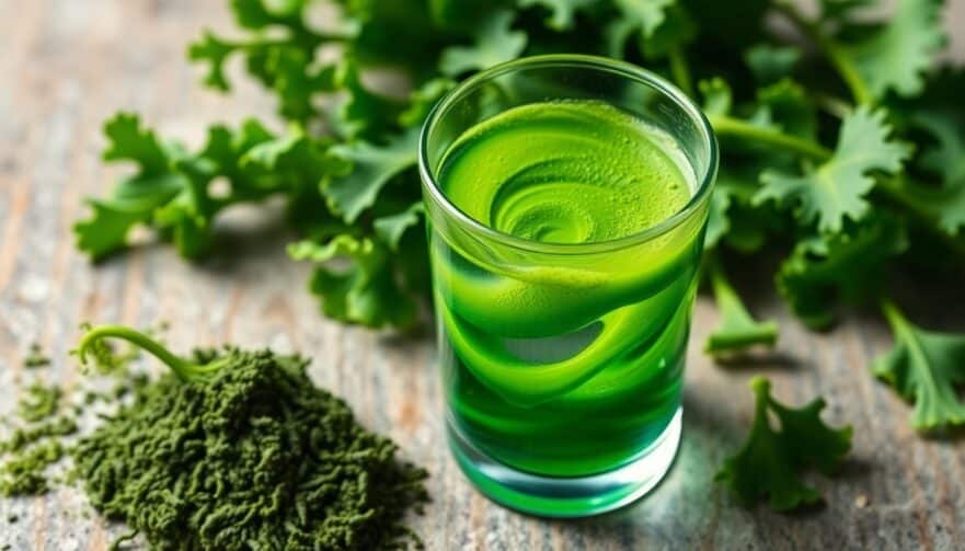 A vibrant green spirulina powder swirled in a glass of water, with fresh spirulina algae nearby