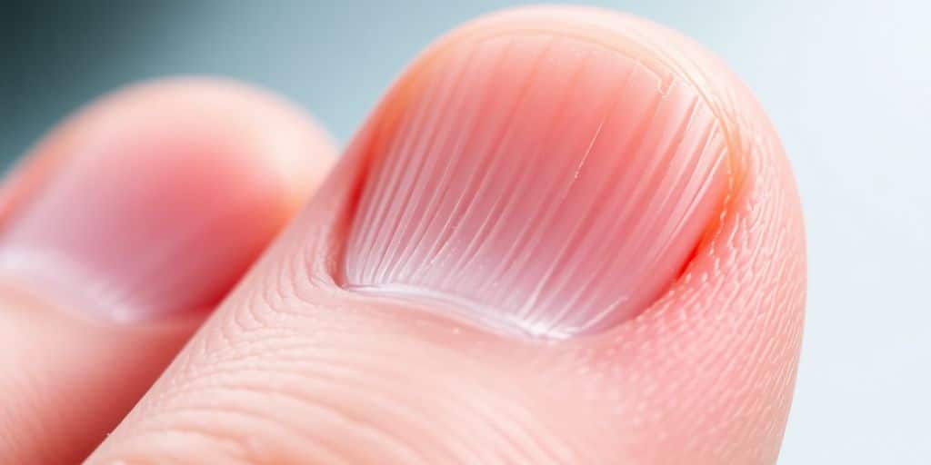 Close-up of fingernails with vertical ridges.