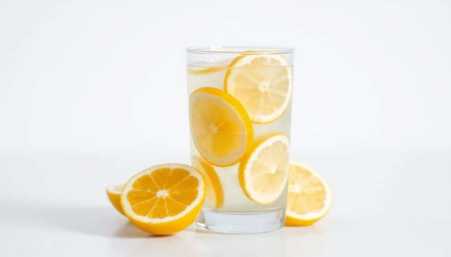 A glass of fresh lemon water with sliced lemons on a clean, bright background