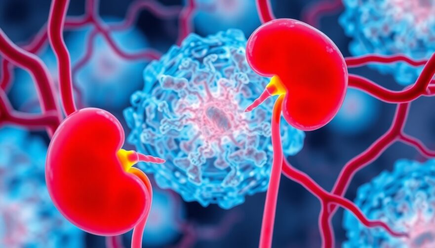 A microscopic view of kidney cells and blood vessels, illustrating the effects of long-term medication