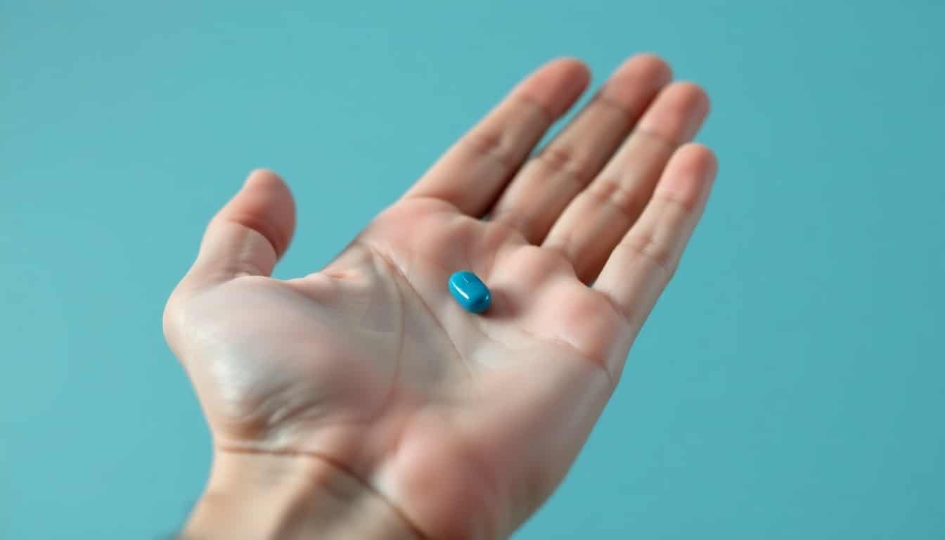 A single blue pill resting on a person's palm, symbolizing the use of propranolol for anxiety