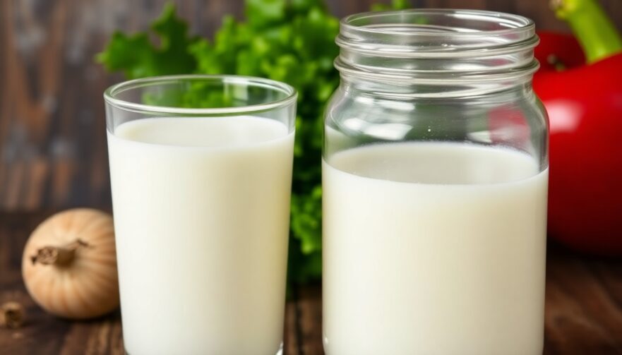 A glass of creamy milk kefir next to a jar of kefir grains, with a rustic, healthy background.