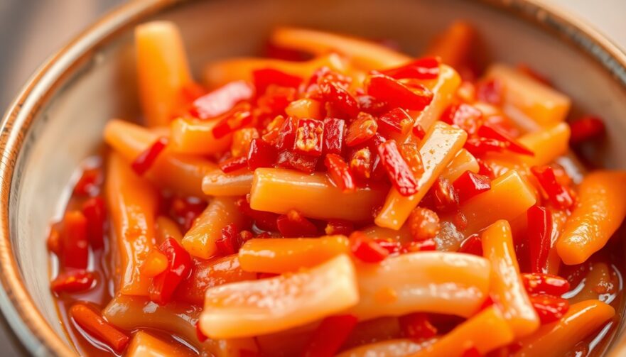 A vibrant close-up shot of traditional Korean kimchi in a ceramic bowl, showing the rich red color of the chili flakes on the fermented cabbage.