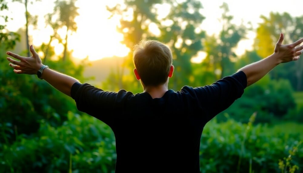 A person with their back to the camera, arms outstretched, enjoying the early morning sun in a lush, green, natural setting.