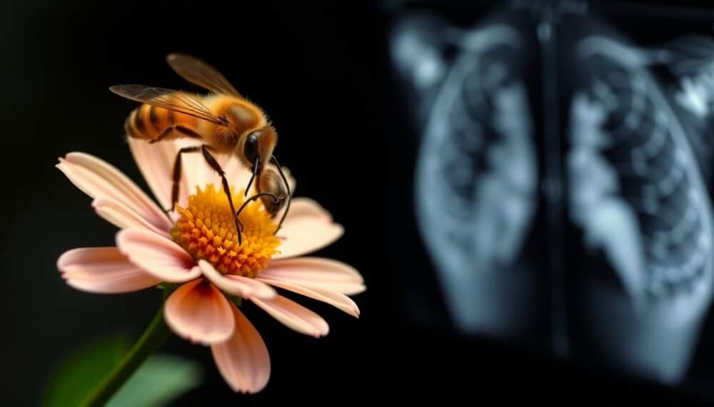 A honeybee on a flower, with a medical background showing a mammogram analysis, symbolizing the intersection of nature and cancer research.