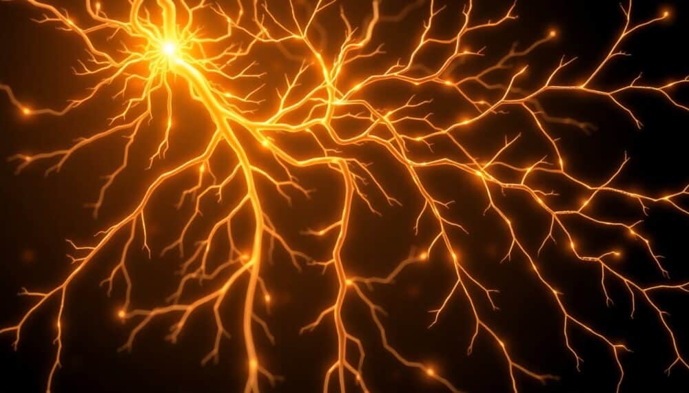 An intricate, glowing network of nerves, representing the vagus nerve, connecting the brain to the heart, lungs, and digestive system, symbolizing calm and control.