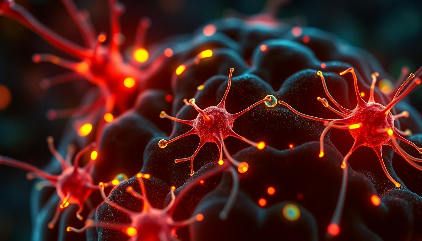 A microscopic view of brain neurons with glowing lithium particles protecting them from Alzheimer's plaques