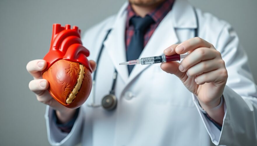 A doctor in a white coat holding a syringe and pointing to an anatomical model of a human heart.