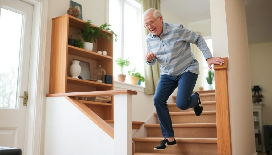 Older adult confidently performing a drop jump off a stair in a bright, cozy home setting, symbolizing safe and effective bone-strengthening exercise.