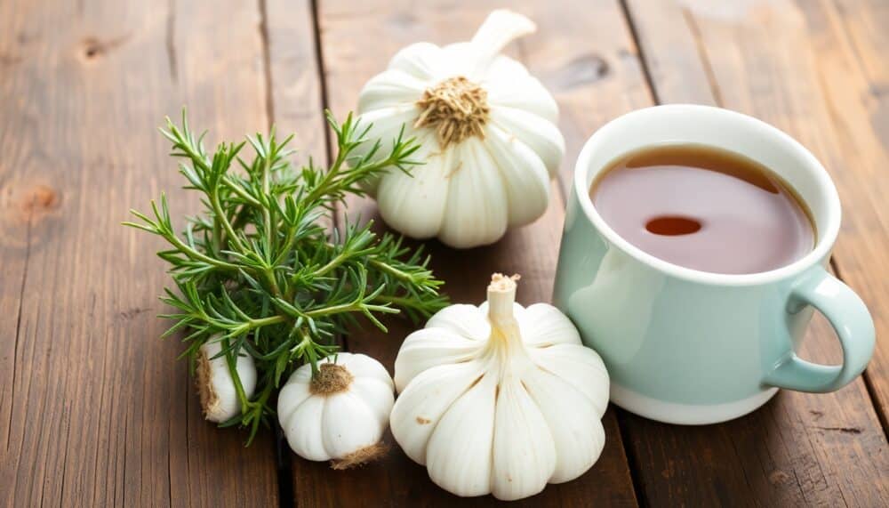 A rustic wooden table with a sprig of fresh rosemary, a head of garlic, and a steaming mug of herbal infusion.