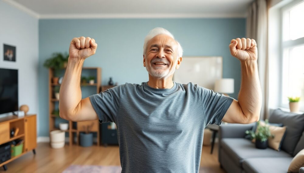 An older adult feeling strong and energetic while doing simple exercises at home