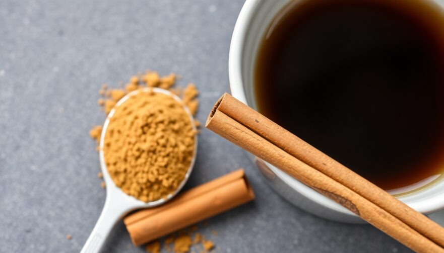 A spoonful of Ceylon cinnamon powder next to a cinnamon stick and a cup of coffee