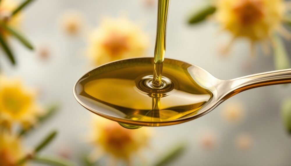 A high-quality, peppery extra-virgin olive oil being poured into a spoon, with a stylized background representing cellular cleanup and autophagy