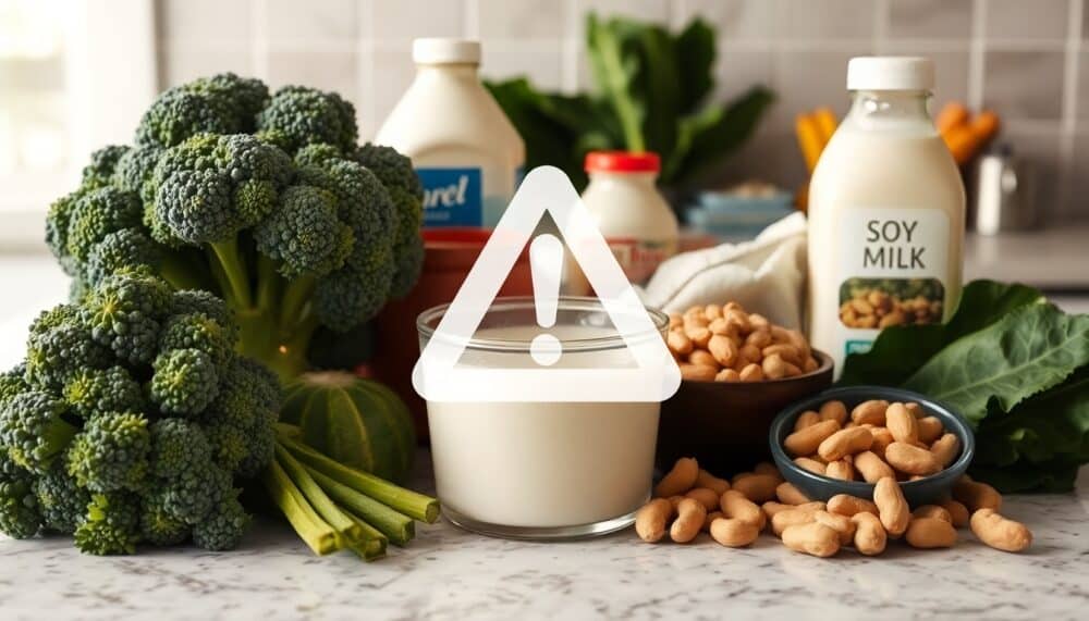 A collection of seemingly healthy foods like raw broccoli, soy milk, and peanuts arranged on a kitchen counter with a subtle warning sign overlay