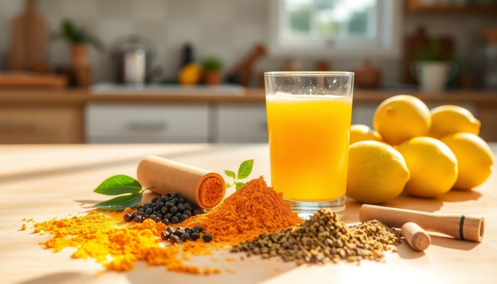 A vibrant composition of turmeric, black pepper, moringa powder, lemons, and a glass of warm herbal drink on a kitchen table, sun streaming through the window, conveying health and wellness