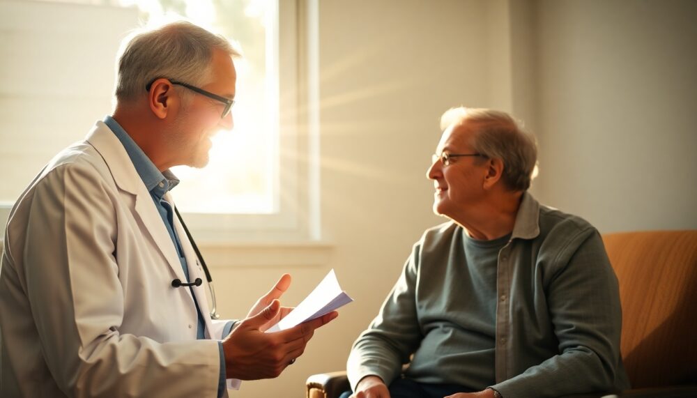 A doctor discussing a personalized vitamin D plan with a heart attack survivor, with sunlight streaming through a window.