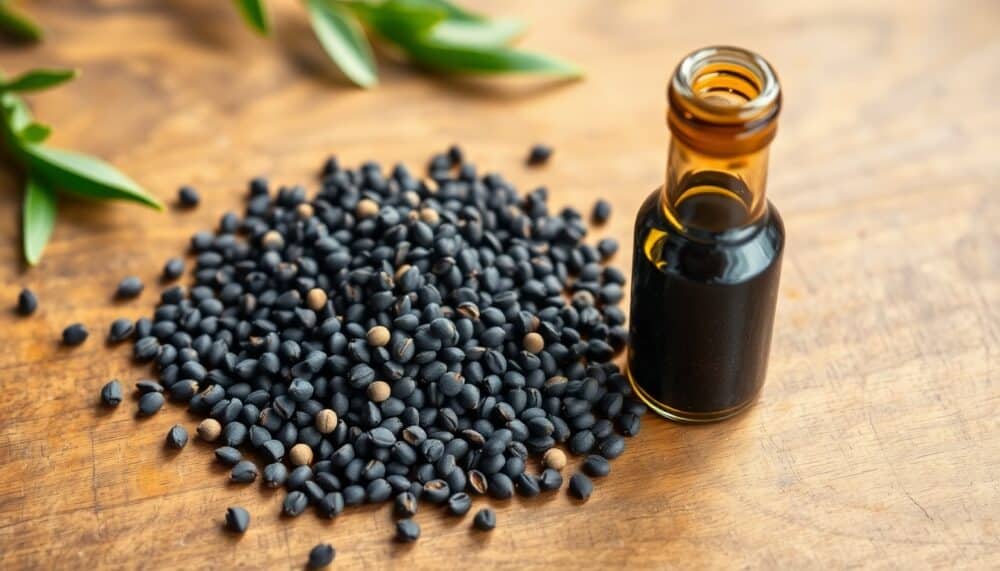 A close-up of black cumin seeds and a small bottle of black seed oil on a wooden table.
