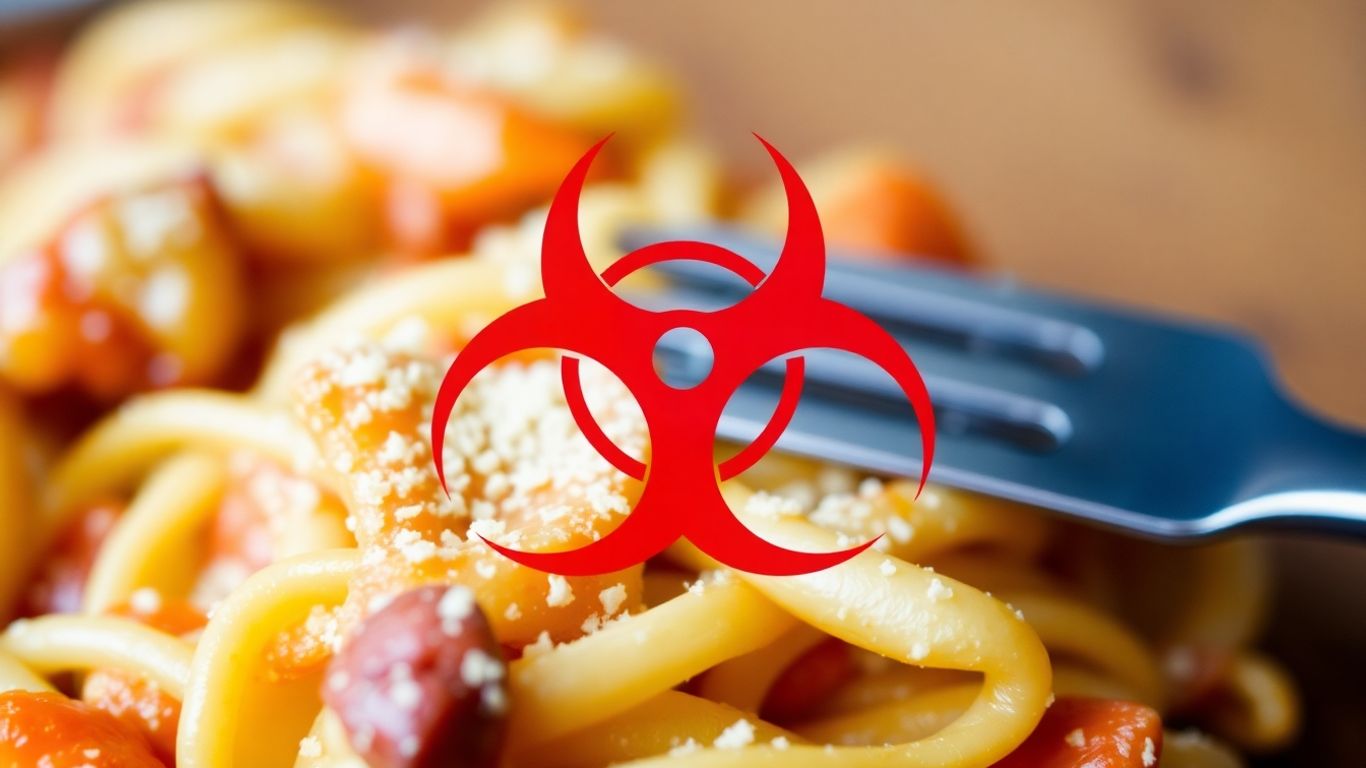 Recalled pasta meal with a biohazard symbol.