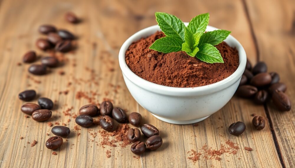 A bowl of rich, raw cacao powder with cacao beans and a sprig of mint on a rustic wooden table
