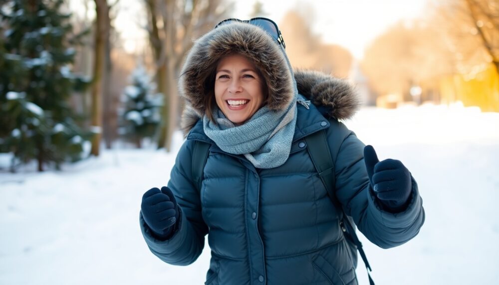 A person bundled up for winter brisk walking in a snowy park, radiating health and vitality