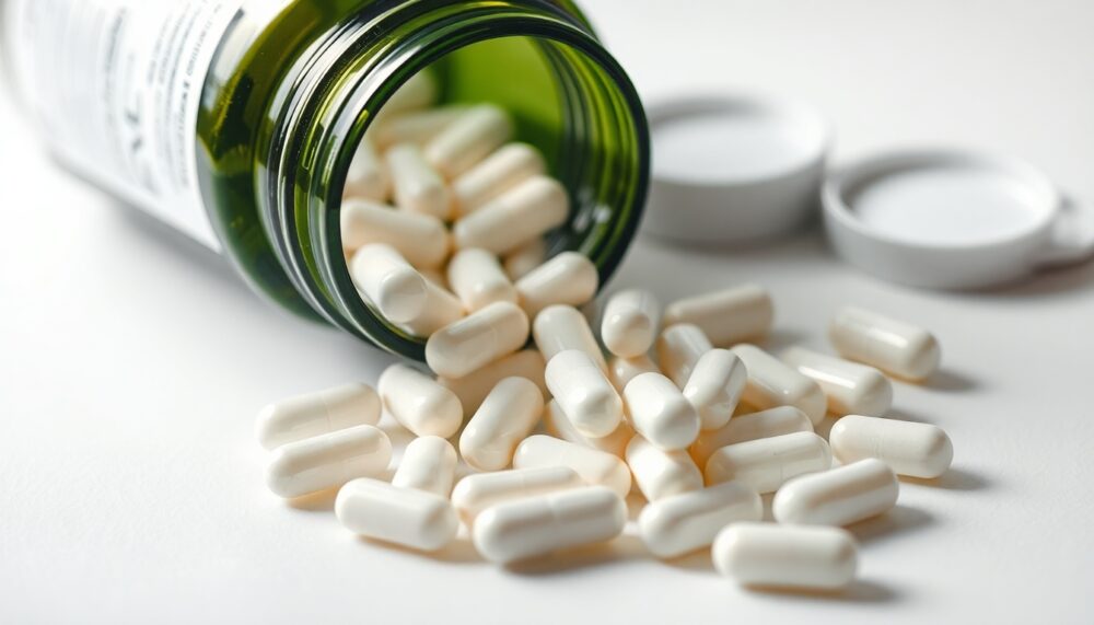 A close-up of magnesium supplement pills spilling from a bottle onto a white table
