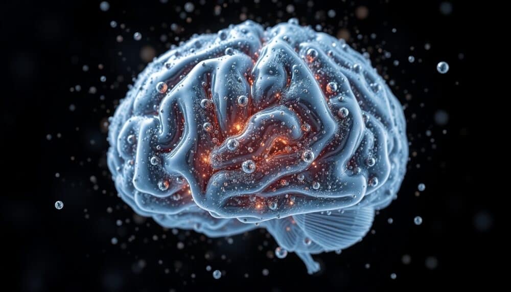 A conceptual image of a brain being cleansed of metallic particles, symbolizing detoxification with carnosine