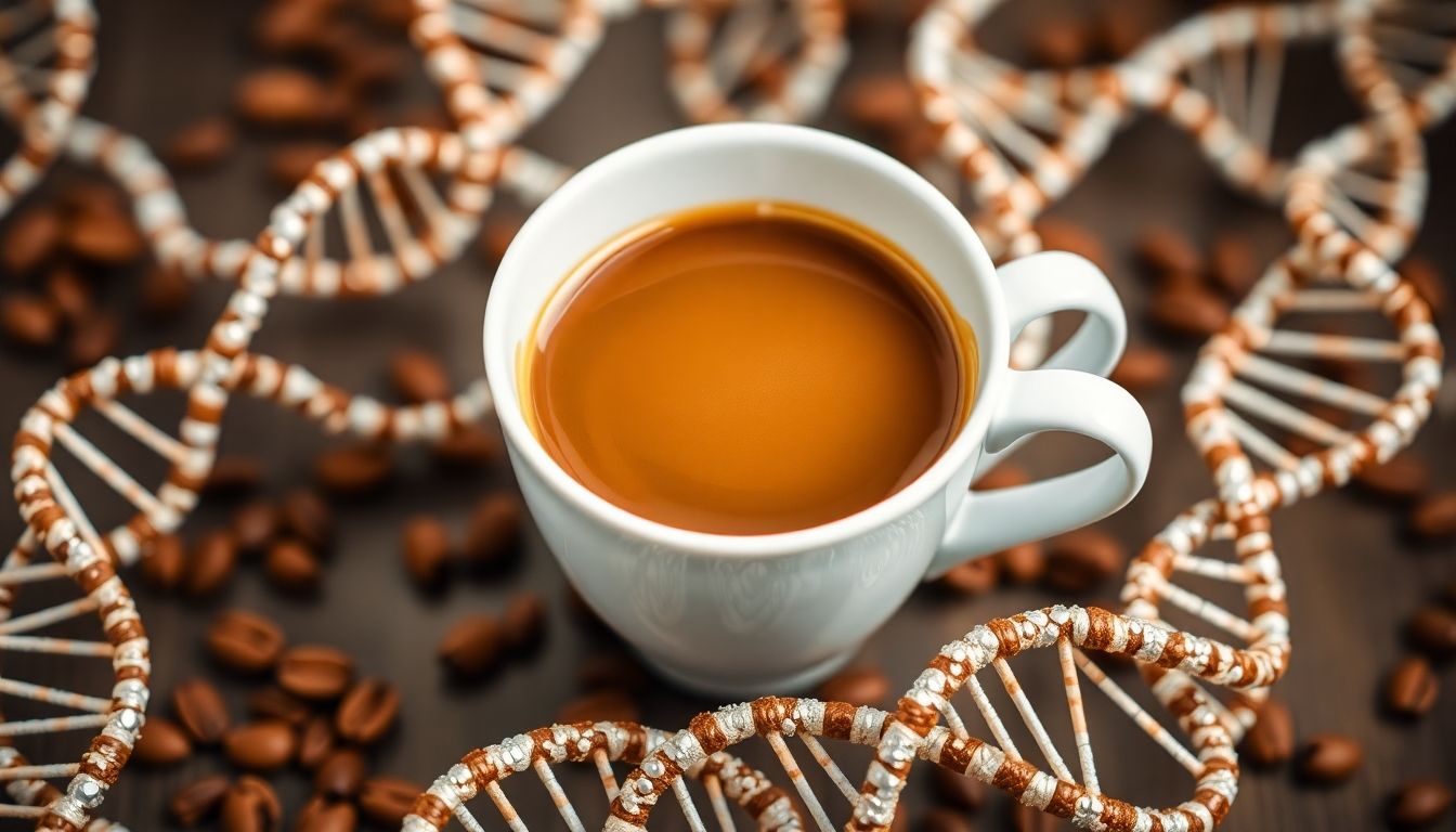 A cup of coffee surrounded by DNA strands symbolizing the connection between coffee and cellular aging