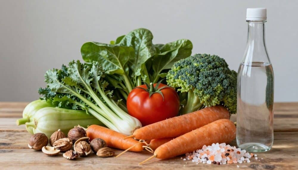 A vibrant display of fresh vegetables, nuts, leafy greens, mineral water, and unrefined salt highlighting natural electrolyte sources