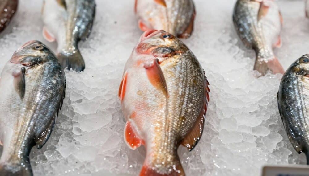 A vibrant variety of healthy fish on ice at a market, emphasizing fresh and nutritious choices