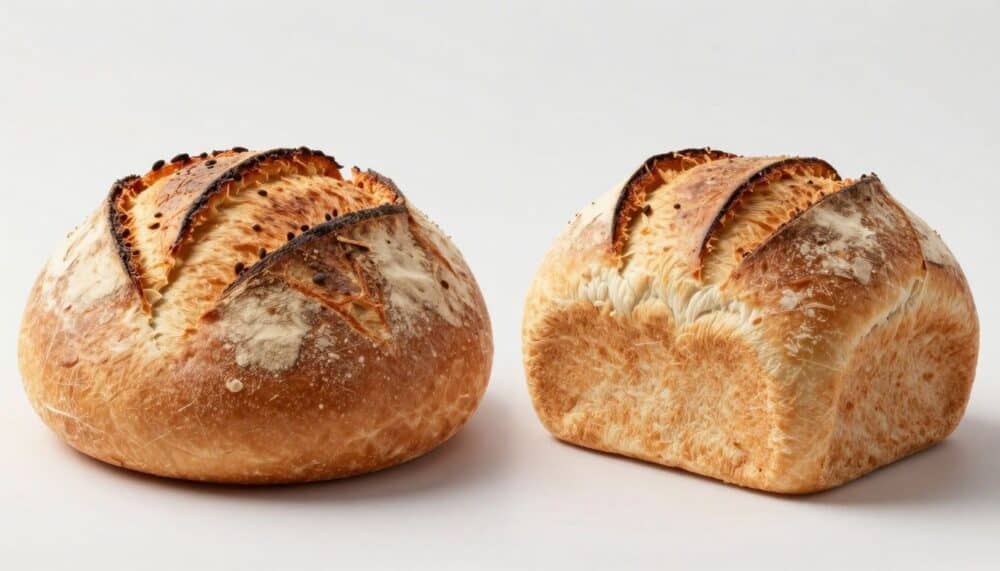 AI-generated image of traditional and modern bread loaves side by side, highlighting their differences