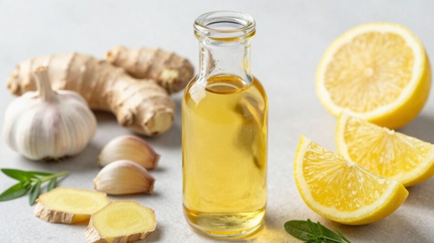 Garlic, ginger, and lemon elixir in a glass bottle.