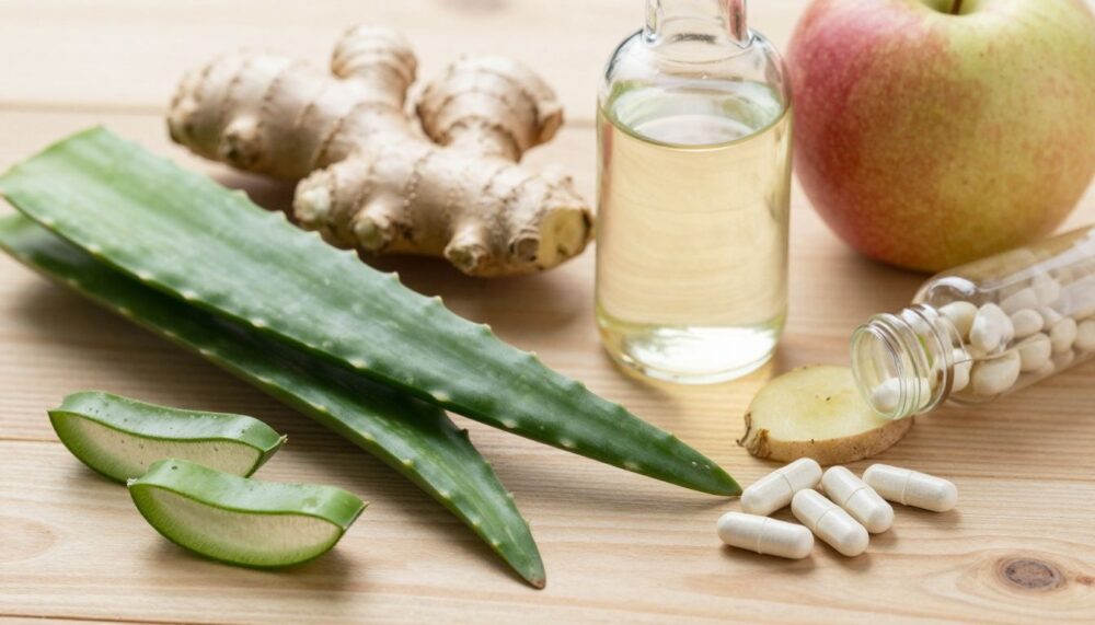 Fresh aloe vera, ginger root, apple cider vinegar, and natural digestive supplements on a wooden table