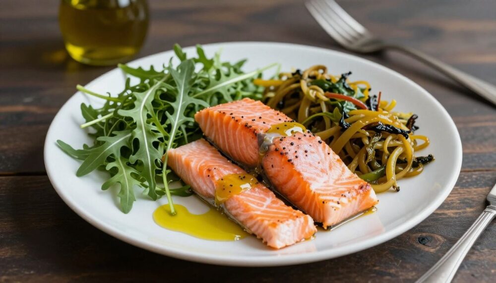 A vibrant and healthy plate of food known as the 'artery repair plate', featuring wild-caught salmon, arugula, fermented vegetables, and a drizzle of extra virgin olive oil.
