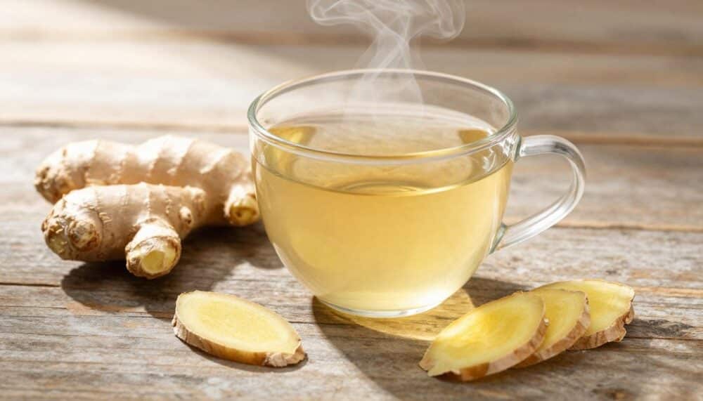 A steaming cup of fresh ginger tea sits on a rustic wooden surface, next to a whole ginger root and a few slices, with soft morning light in the background.
