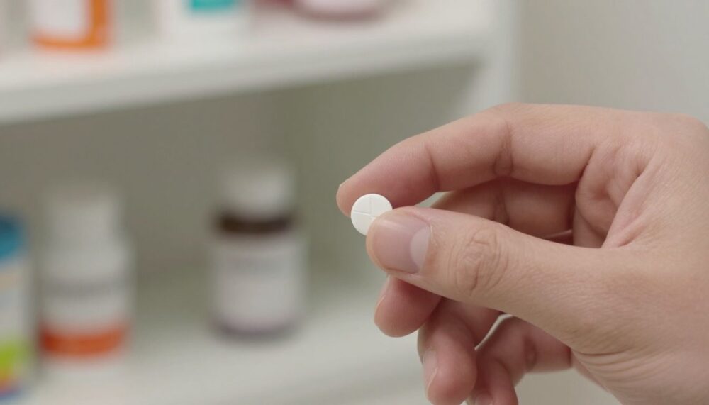 A close-up of a person's hand holding a single Losartan pill, with a blurred background of a medicine cabinet, conveying a sense of personal health management.