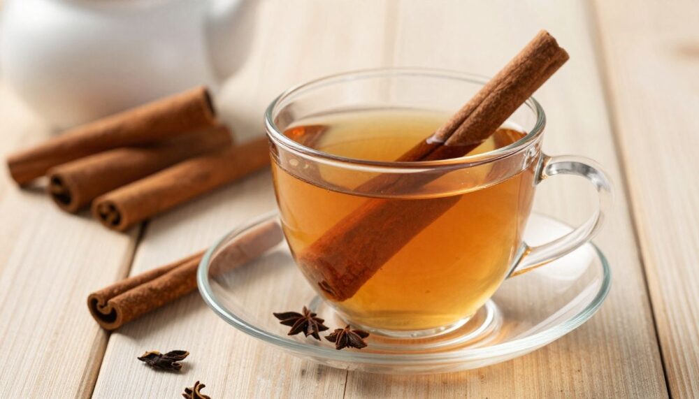 A serene nighttime scene with a cup of herbal tea infused with a cinnamon stick on a wooden table.