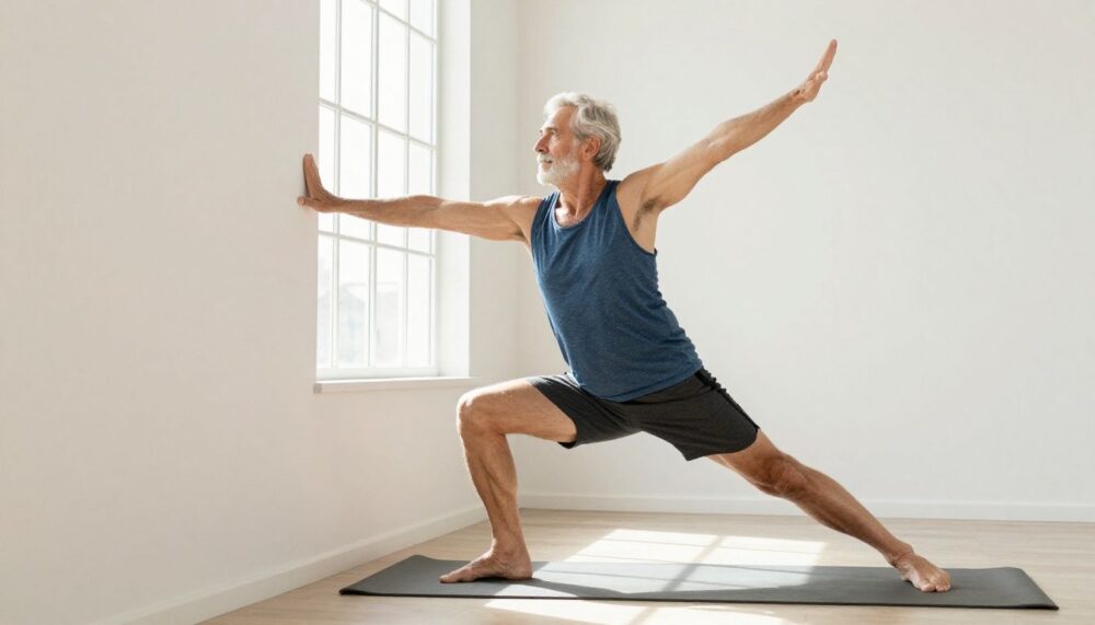 Vibrant, clear image of healthy, active seniors doing calf exercises on a wall in a bright, sunlit room.