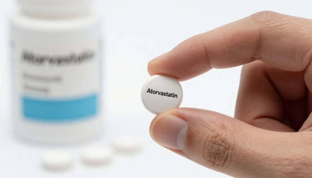 A close-up of a hand holding a single Atorvastatin pill, with a blurred background of a medicine cabinet, representing cholesterol medication.