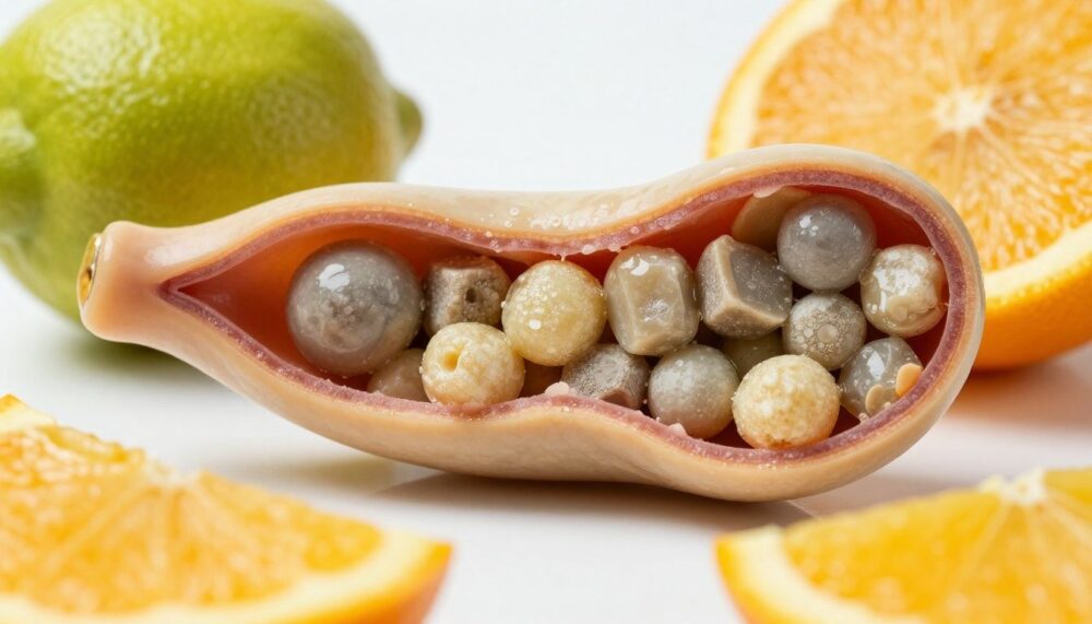 A vibrant image showing a cross-section of a gallbladder with cholesterol gallstones, surrounded by fresh lemon and orange peels.