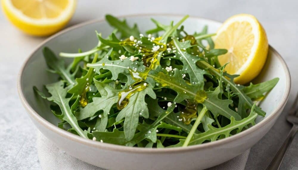 A vibrant arugula salad in a bowl, with fresh green leaves, drizzled with olive oil and a lemon wedge on the side, symbolizing a natural way to boost nitric oxide.