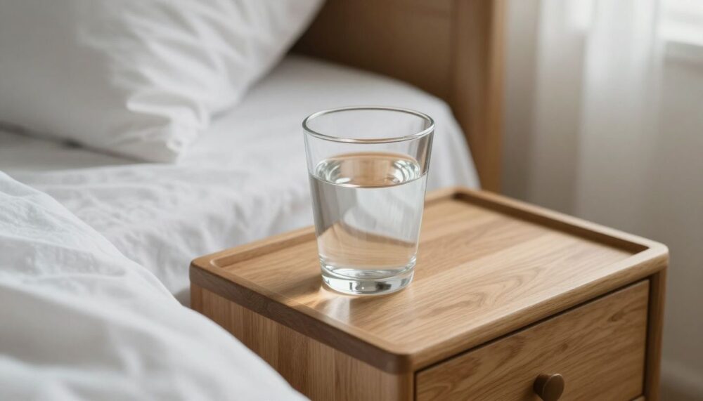 A close-up of a glass of water on a wooden nightstand next to a bed, with the soft morning light filtering into the room, symbolizing a simple morning routine for heart health.