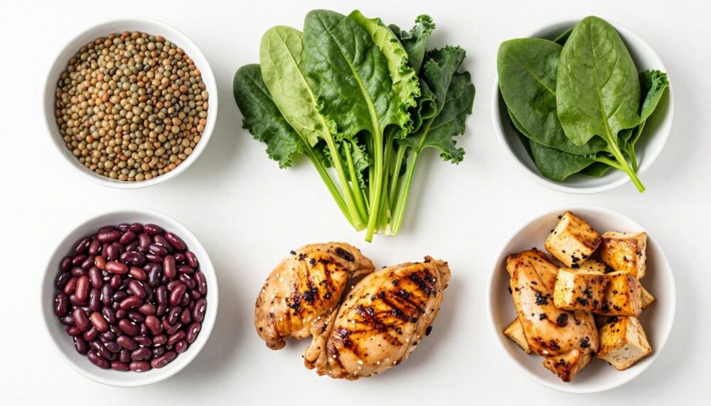 A vibrant flat collection of the three cancer-fighting food groups: a bowl of beans and lentils, a bunch of fresh leafy greens like kale and spinach, and lean protein sources like grilled chicken and tofu, arranged against a clean, bright background.