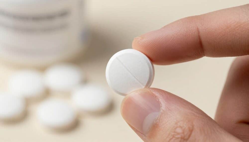 A single white aspirin pill held between a thumb and forefinger, with a blurred, clinical background.