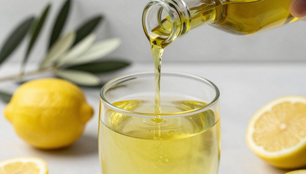 A close-up shot of a teaspoon of rich, golden extra virgin olive oil being drizzled into a clear glass of water, with a fresh lemon and olive branches in the background.